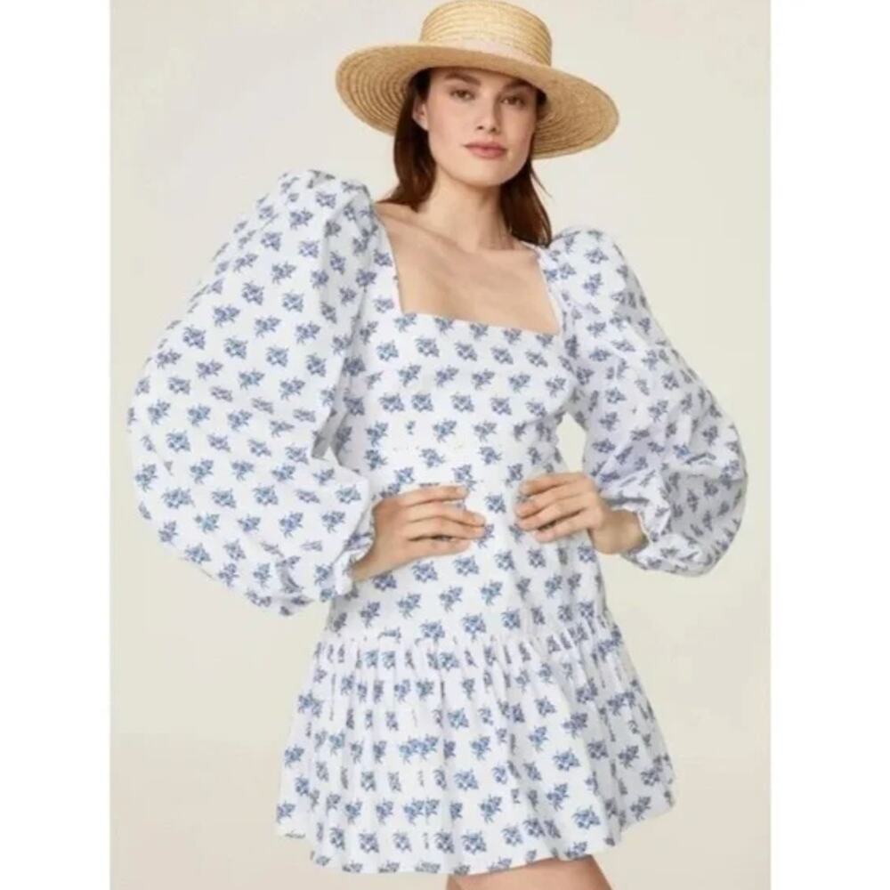 CAROLINE CONSTAS Julian Gathered‎ Floral Print Poplin Mini Dress Blue